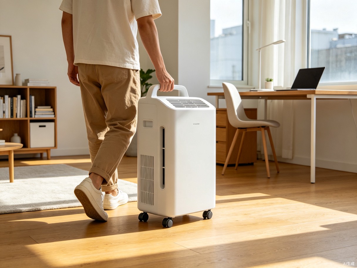 A person wheeling Coolizi between rooms on its swivel casters