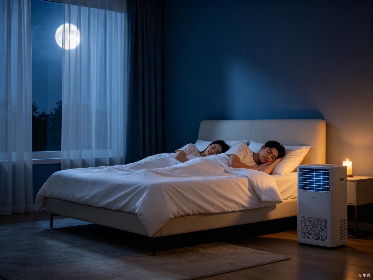 A peaceful bedroom at night with Coolizi running in the corner